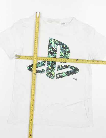 H&M Boys White PlayStation Logo T-Shirt 9-10 Years Regular Fit Cotton