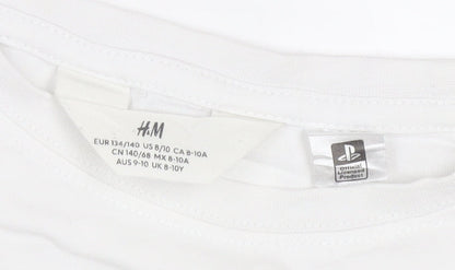 H&M Boys White PlayStation Logo T-Shirt 9-10 Years Regular Fit Cotton