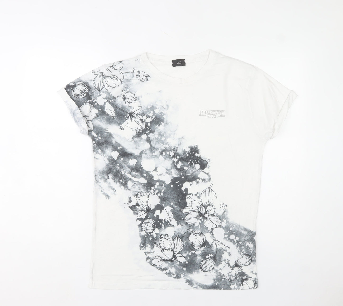 River Island Men's White Floral Crew Neck Short Sleeve T-Shirt Size S