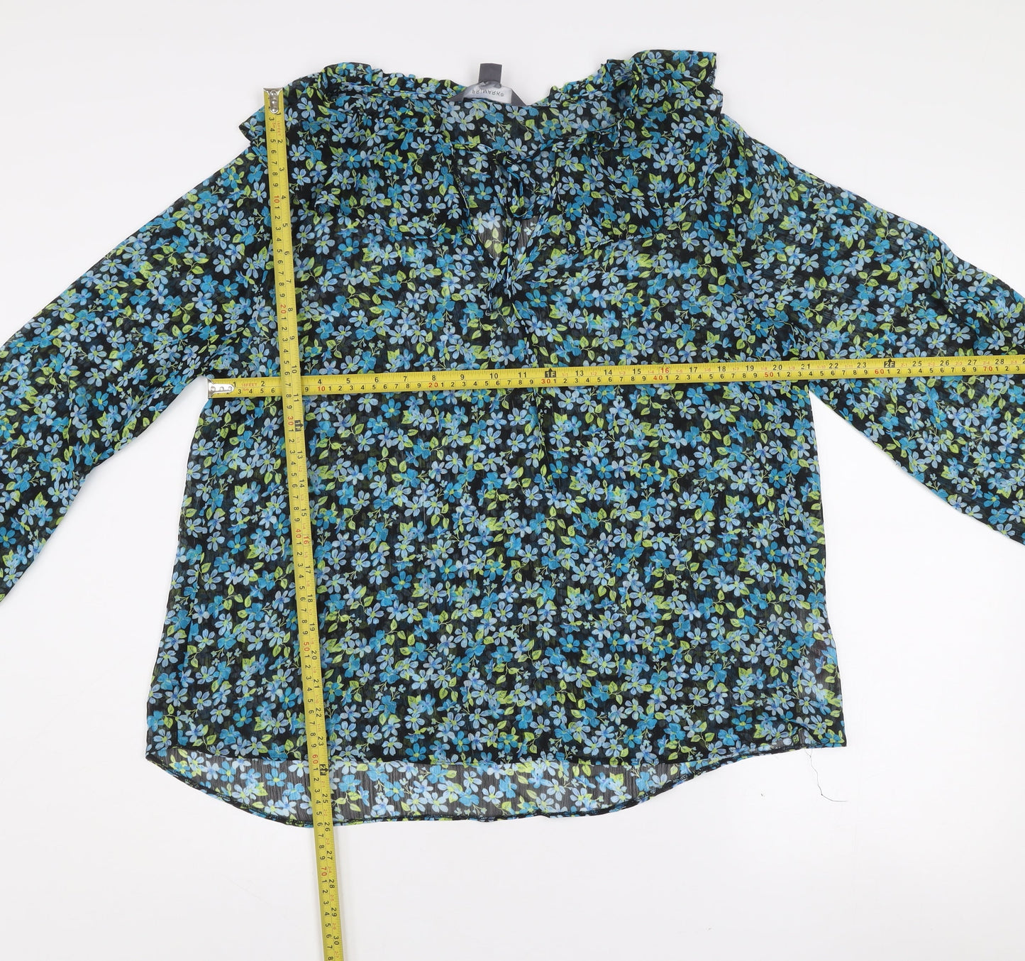 Primark Women's Black Floral Ruffle V-Neck Tunic Blouse Size 16