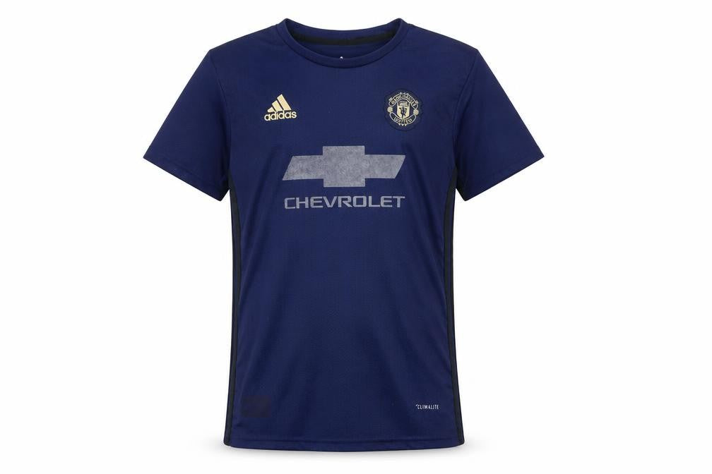 Front view of Adidas boys’ blue manchester united football jersey shirt, size 176