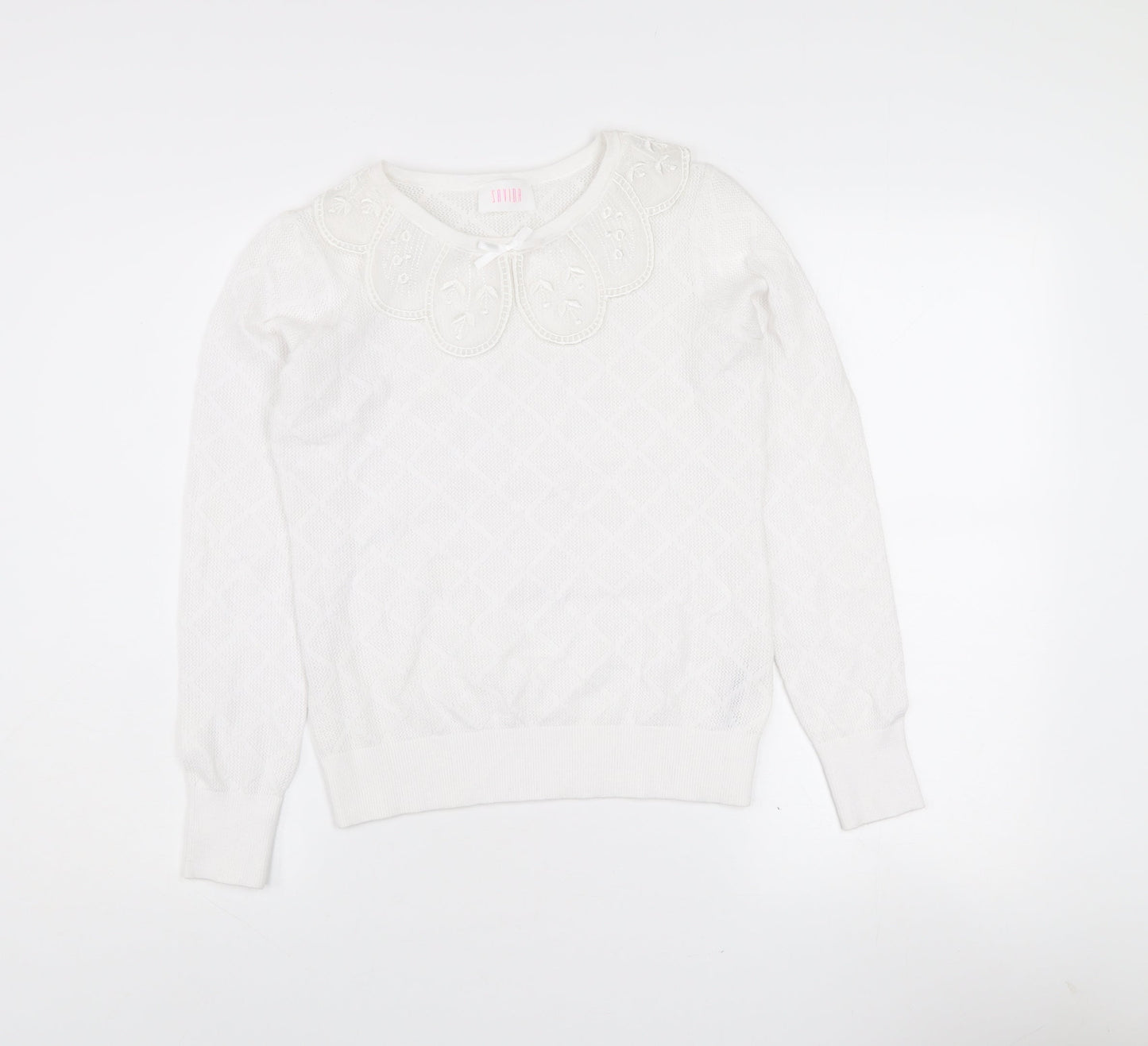 Savida Women White XS Knit Long Sleeve Blouse with Embroidered Collar