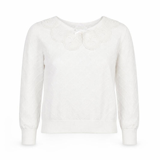 Savida Women White XS Knit Long Sleeve Blouse with Embroidered Collar