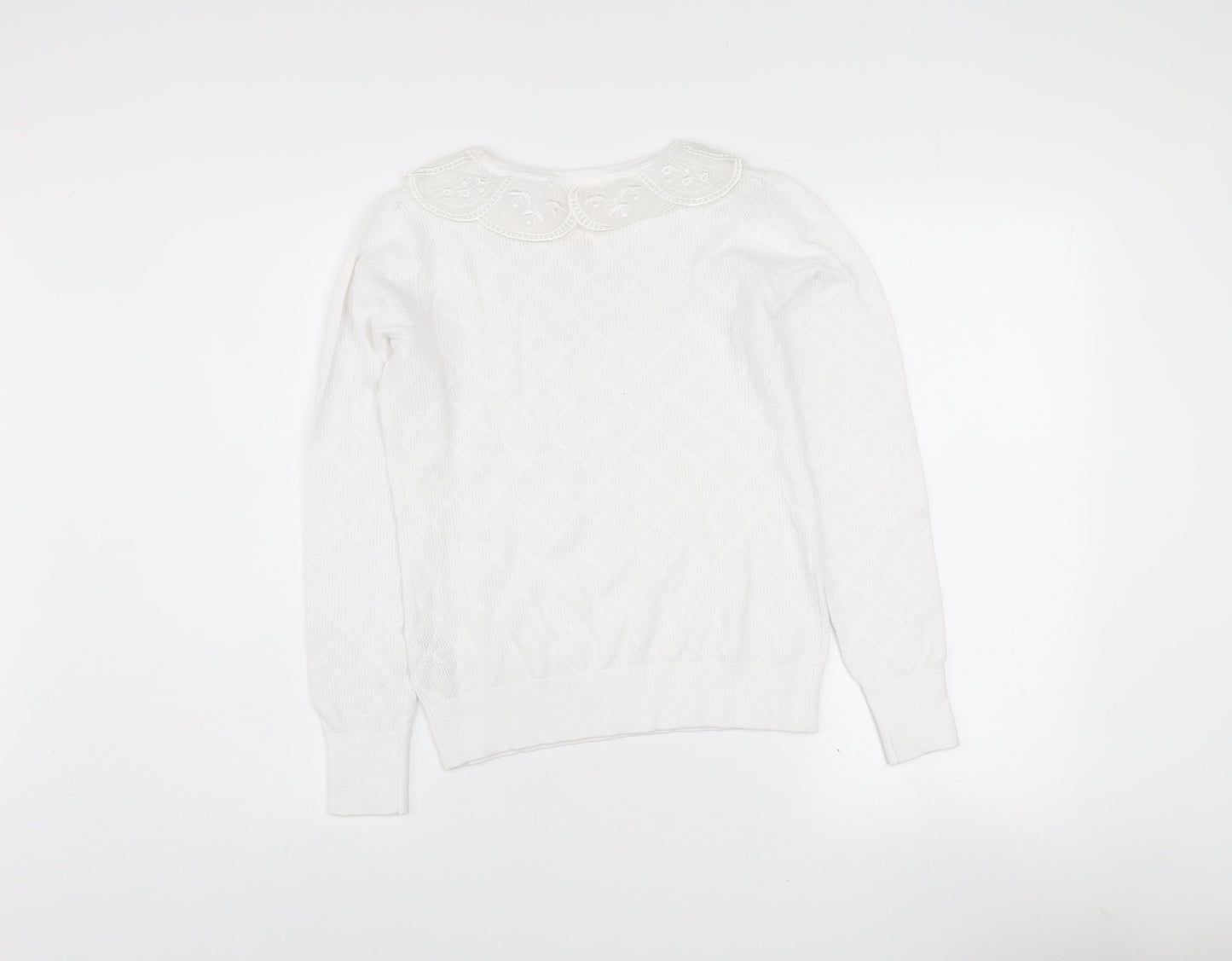 Savida Women White XS Knit Long Sleeve Blouse with Embroidered Collar