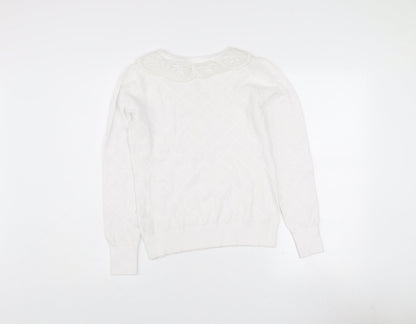 Savida Women White XS Knit Long Sleeve Blouse with Embroidered Collar