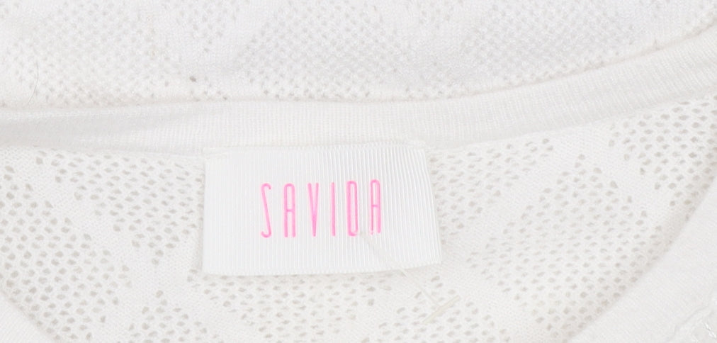 Savida Women White XS Knit Long Sleeve Blouse with Embroidered Collar