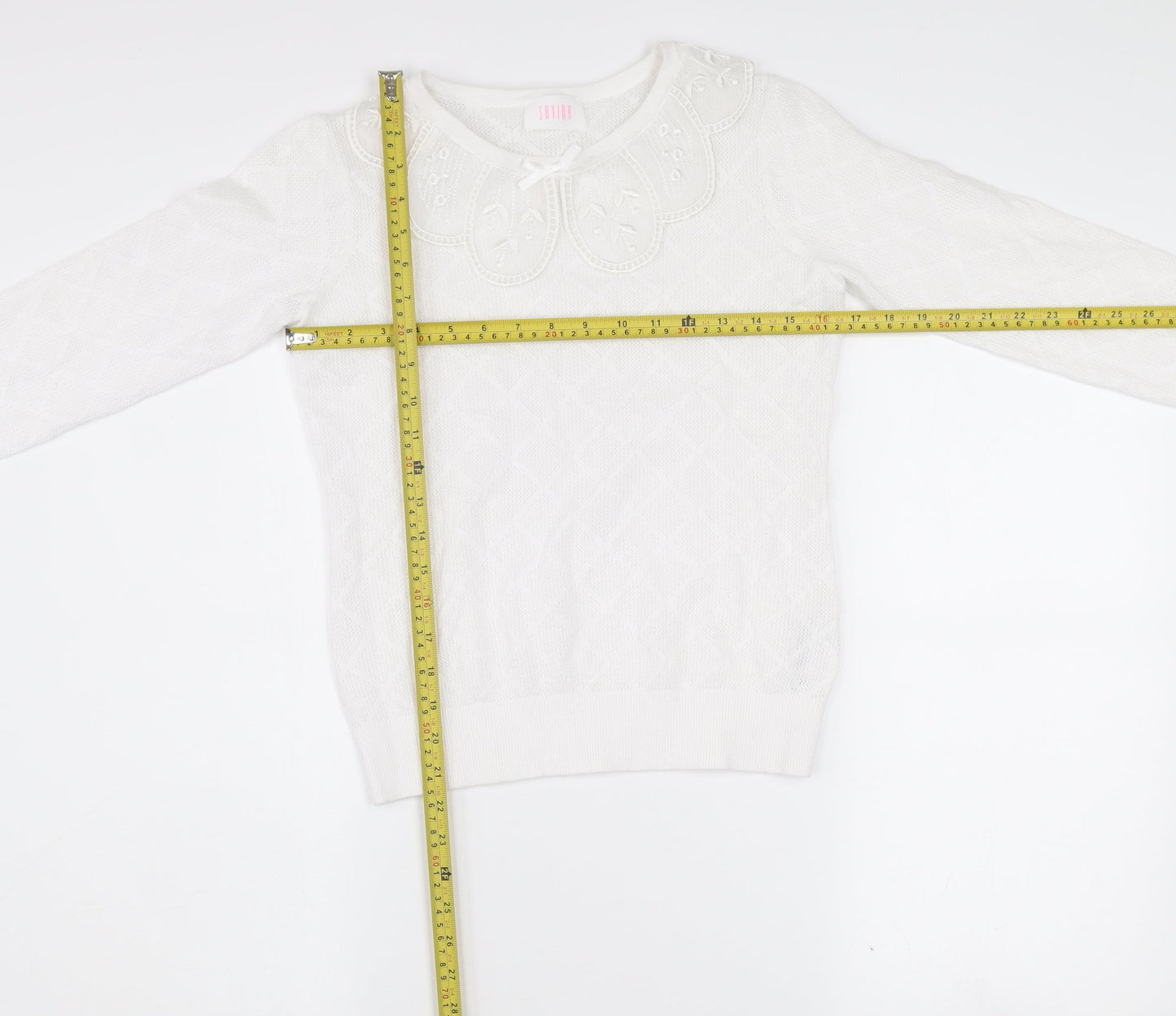 Savida Women White XS Knit Long Sleeve Blouse with Embroidered Collar