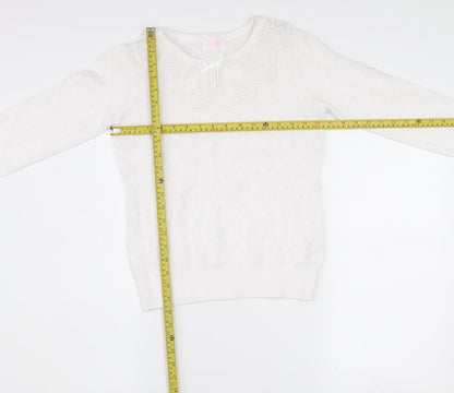 Savida Women White XS Knit Long Sleeve Blouse with Embroidered Collar