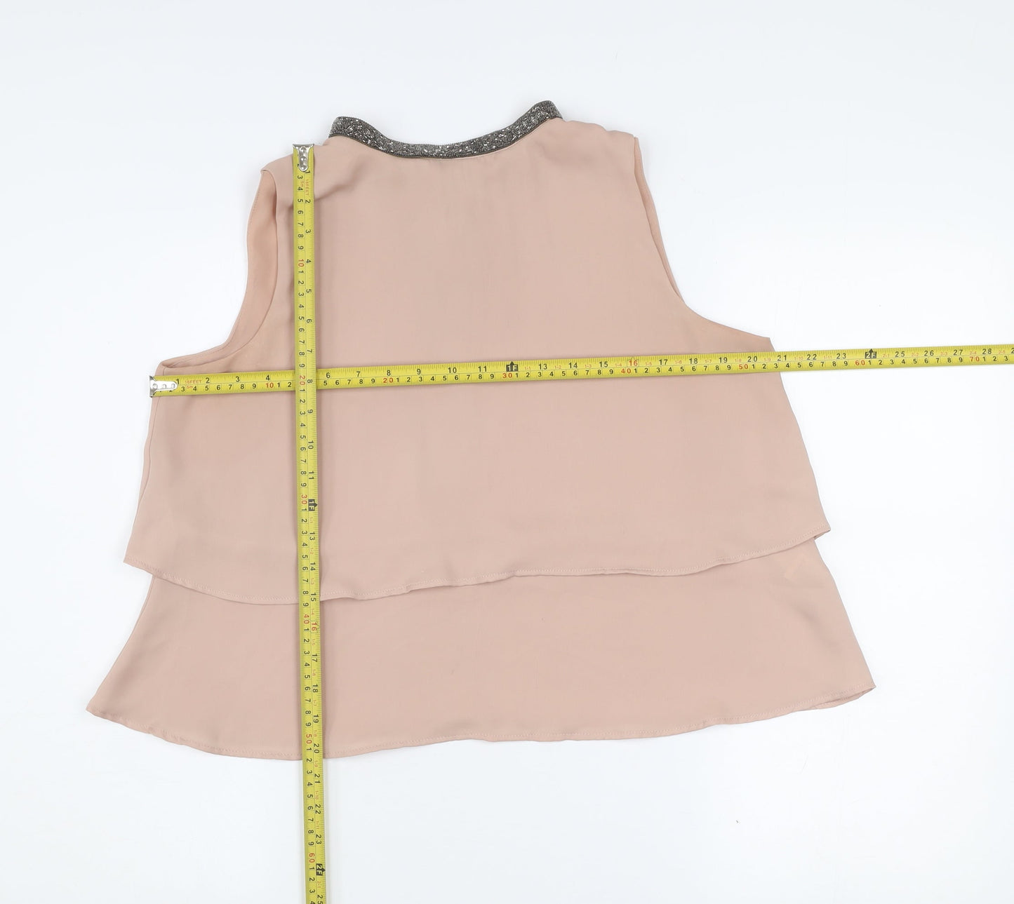 Zara Women Beige Beaded Collar Sleeveless Chiffon Blouse Size 14