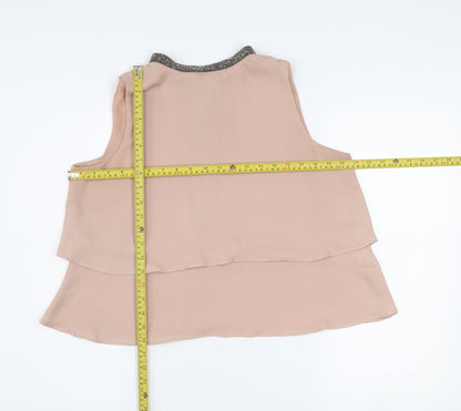 Zara Women Beige Beaded Collar Sleeveless Chiffon Blouse Size 14