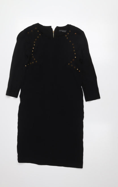 Zara Women's Black Studded Bodycon Dress S 3/4 Sleeve Zip Detail