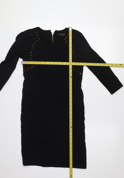 Zara Women's Black Studded Bodycon Dress S 3/4 Sleeve Zip Detail