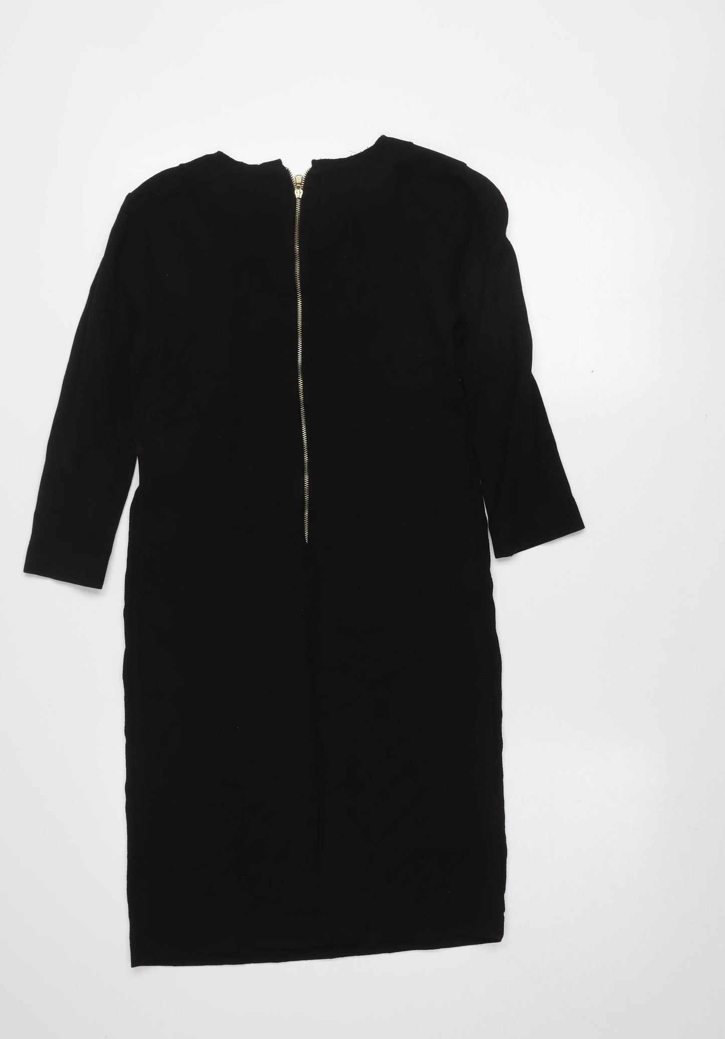 Zara Women's Black Studded Bodycon Dress S 3/4 Sleeve Zip Detail