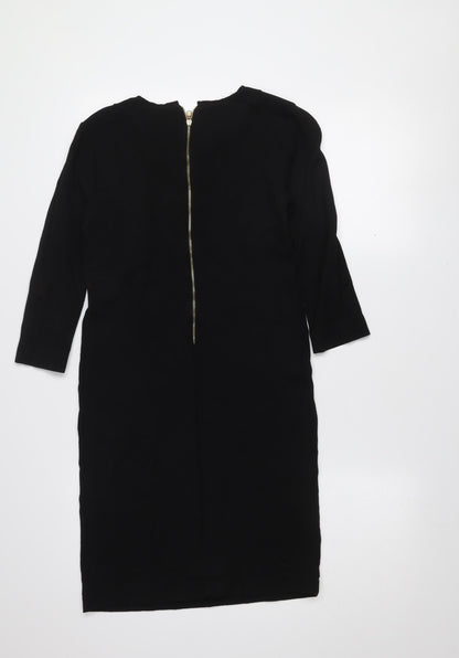 Zara Women's Black Studded Bodycon Dress S 3/4 Sleeve Zip Detail