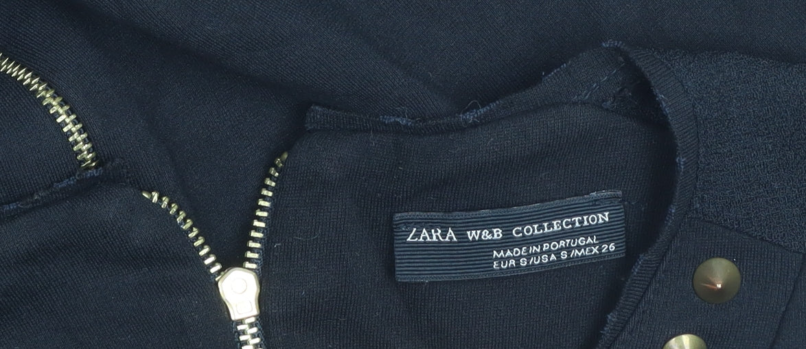 Zara Women's Black Studded Bodycon Dress S 3/4 Sleeve Zip Detail