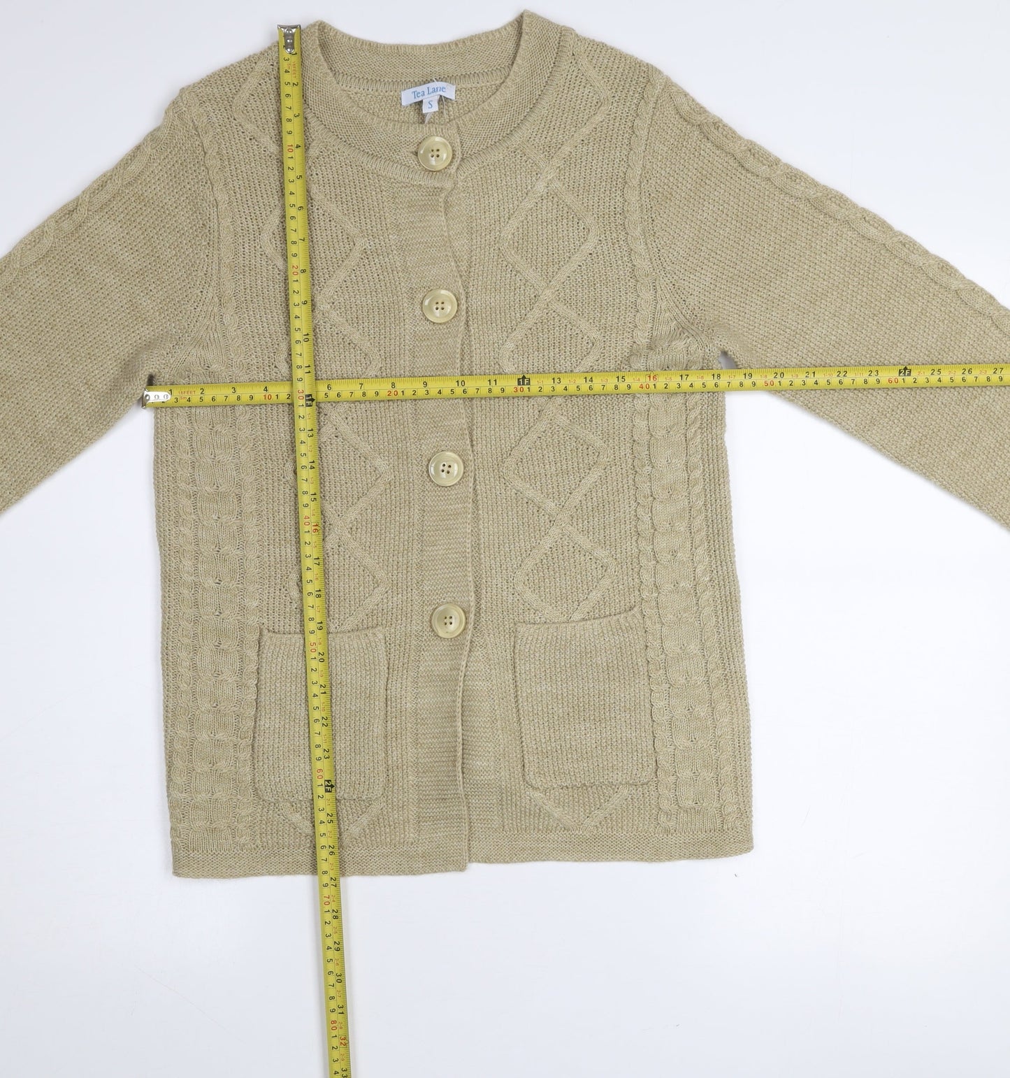 Tea Lane Women Beige Cable-Knit Wool Blend Cardigan Size S