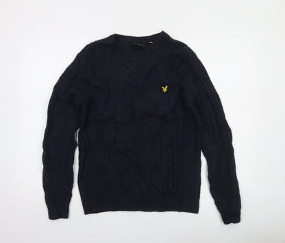 Lyle & Scott Men's Blue Cable-Knit Crew Neck Jumper Size M