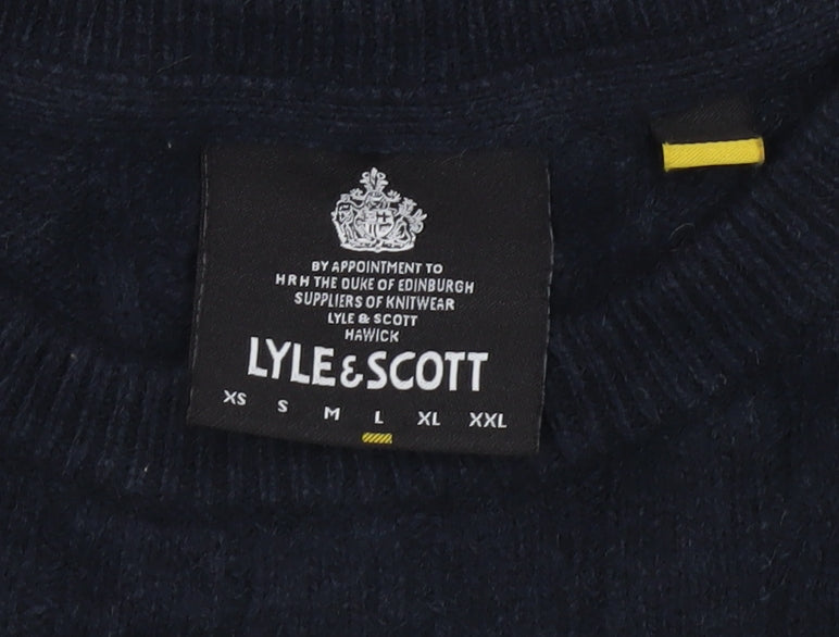 Lyle & Scott Men's Blue Cable-Knit Crew Neck Jumper Size M