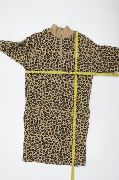 Marks and Spencer Women’s Beige Leopard Print Jersey Shift Dress UK 6 Long Sleeve