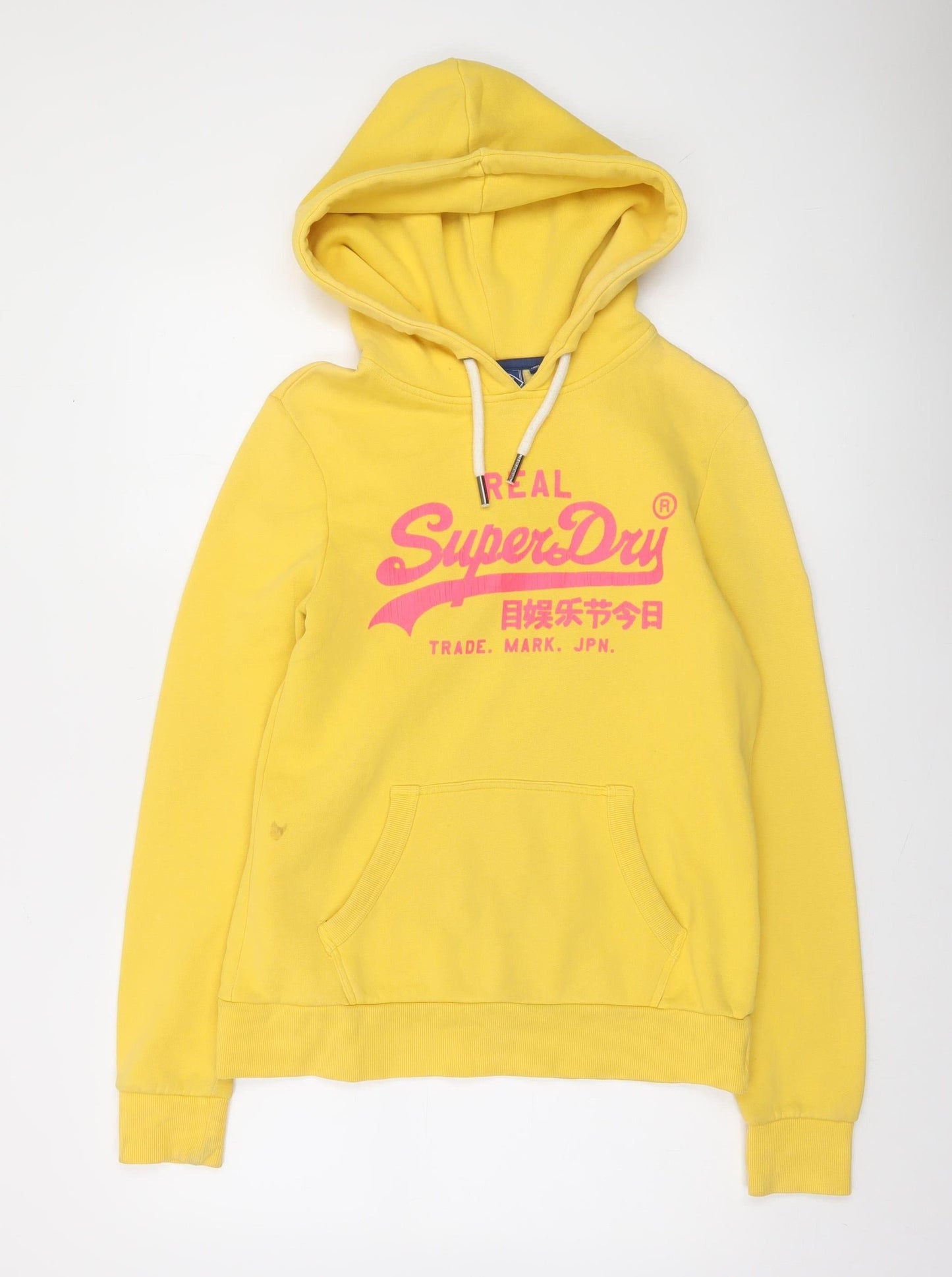 Superdry Women's Yellow Pullover Hoodie UK 10 Cotton Blend Logo Sweatshirt