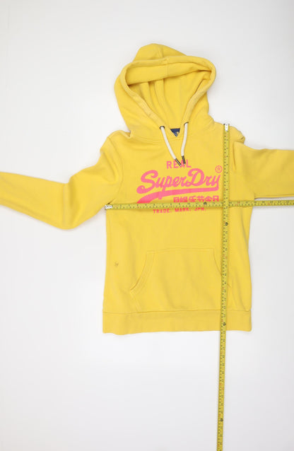Superdry Women's Yellow Pullover Hoodie UK 10 Cotton Blend Logo Sweatshirt