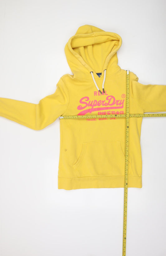 Superdry Women's Yellow Pullover Hoodie UK 10 Cotton Blend Logo Sweatshirt