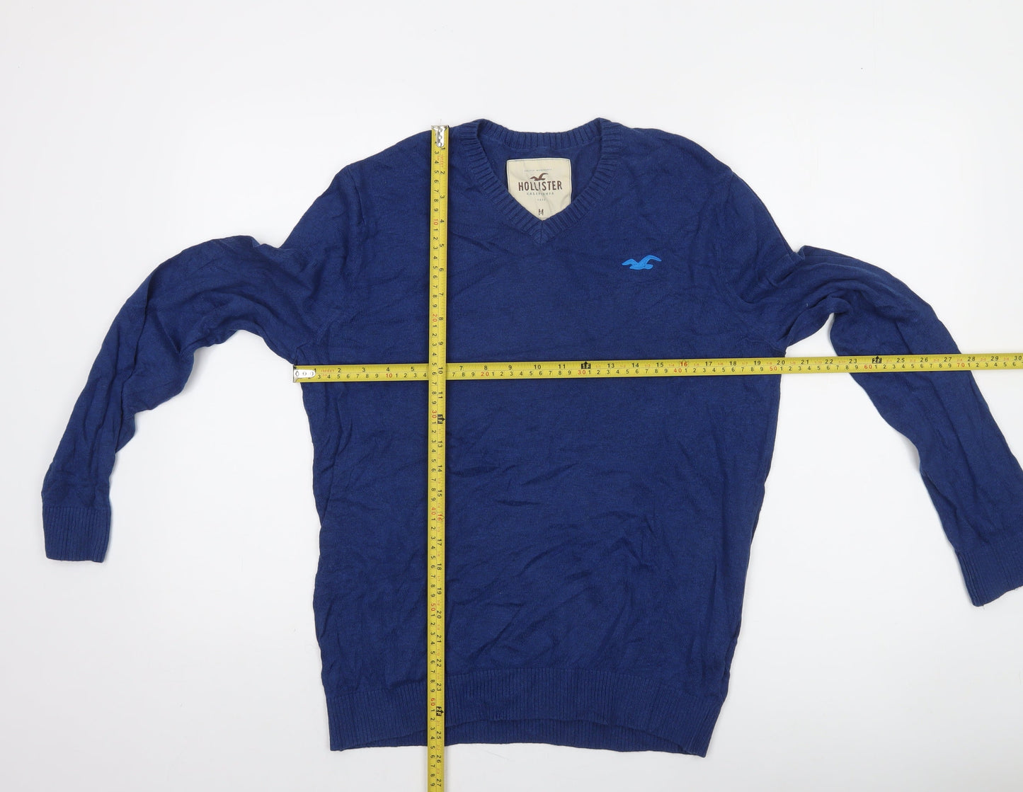 Hollister Men’s Blue V-Neck Cotton Blend Pullover Jumper M