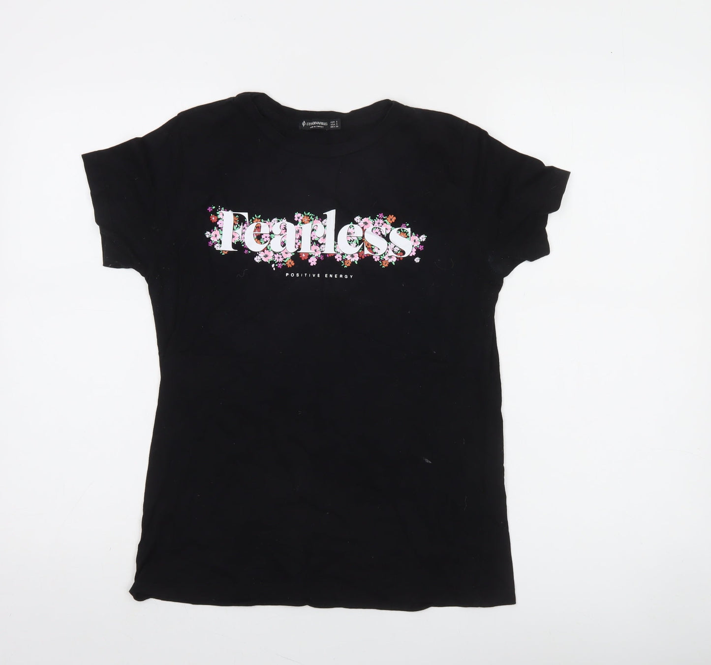 Stradivarius Women’s Black Floral Fearless Cotton T-Shirt Size 8