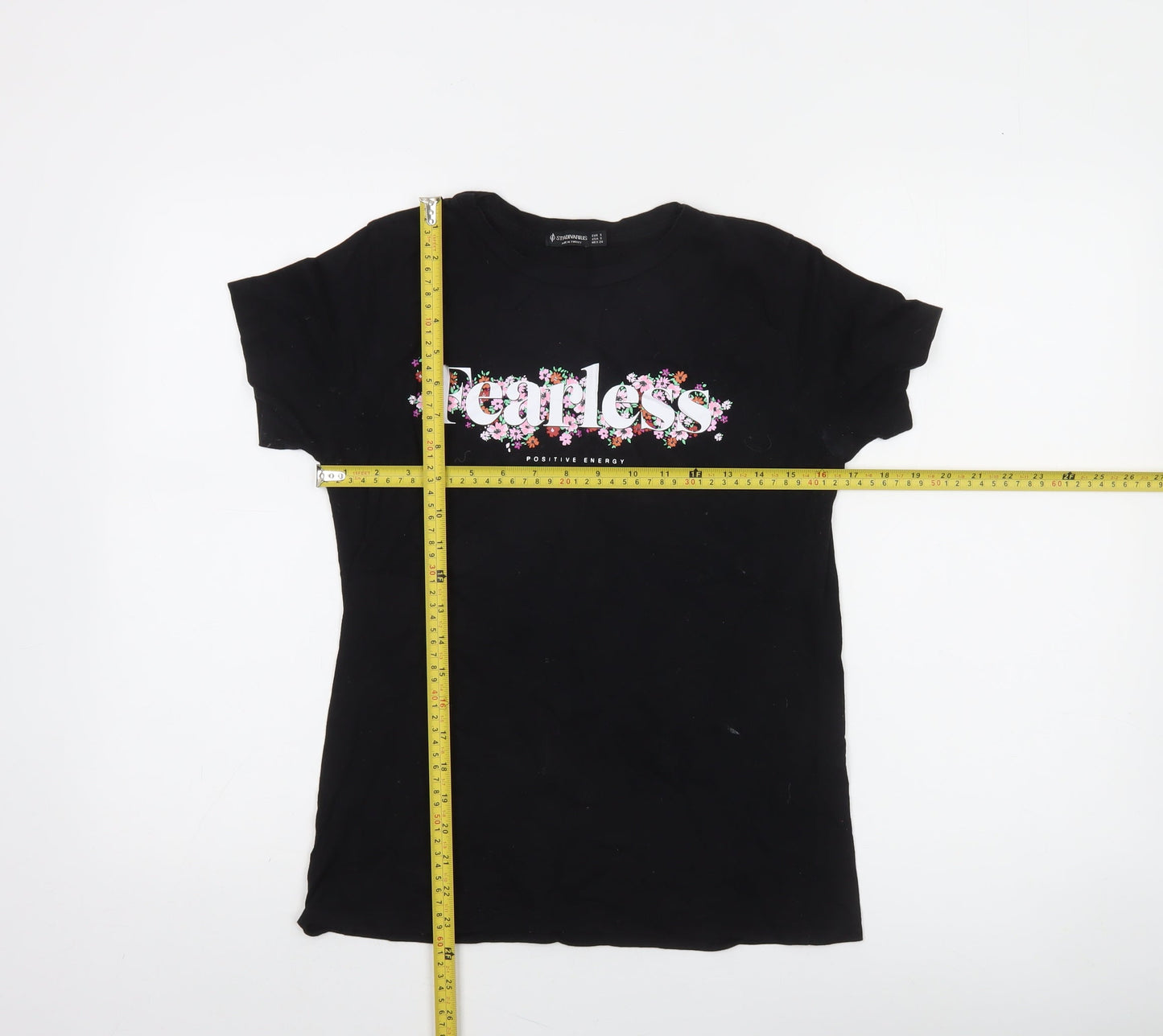 Stradivarius Women’s Black Floral Fearless Cotton T-Shirt Size 8