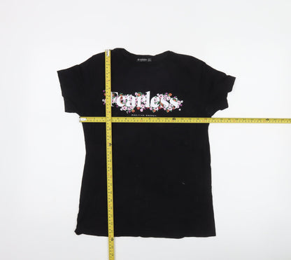 Stradivarius Women’s Black Floral Fearless Cotton T-Shirt Size 8
