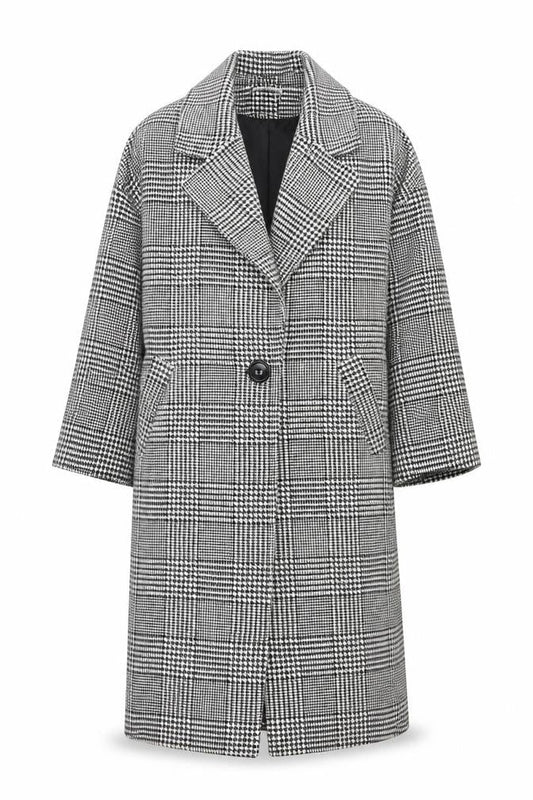Pitti Women’s Black Check Wool Blend Long Overcoat Size L