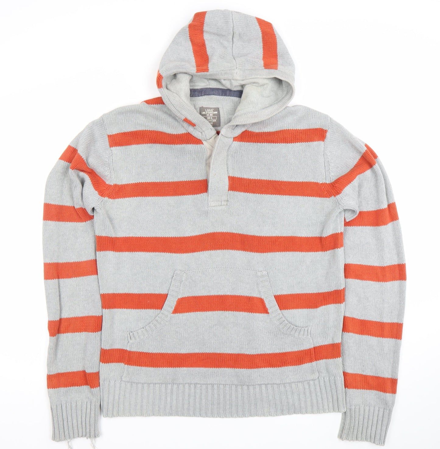 H&M Men’s Grey Orange Striped Knit Pullover Hoodie XL