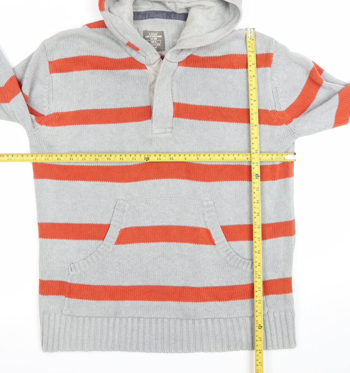 H&M Men’s Grey Orange Striped Knit Pullover Hoodie XL