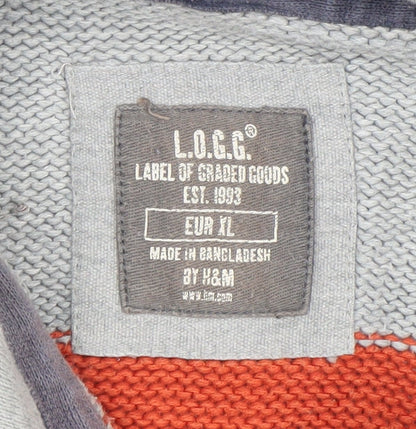 H&M Men’s Grey Orange Striped Knit Pullover Hoodie XL