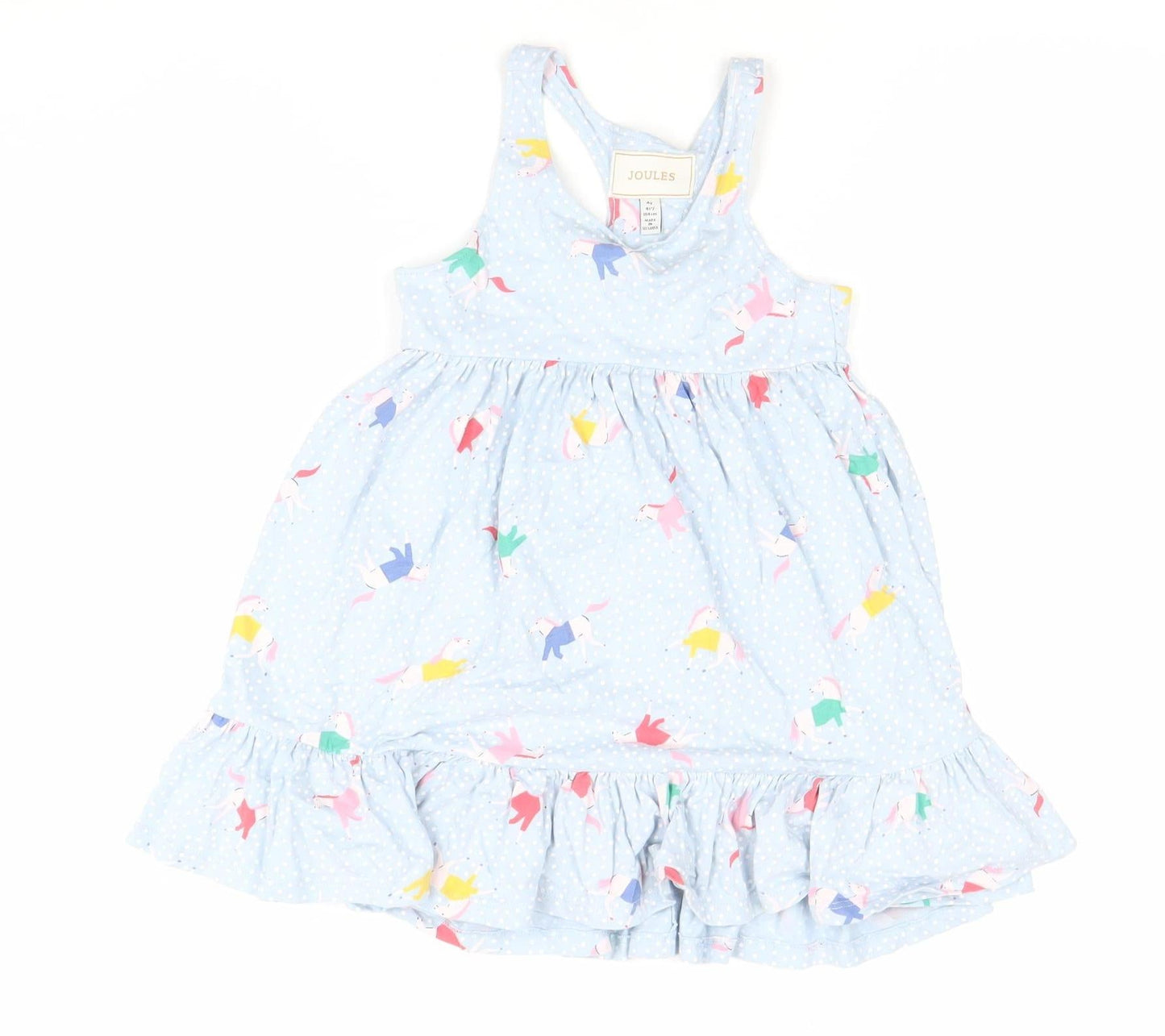 Joules Girls Blue Unicorn Print Cotton Pinafore Dress 4 Years