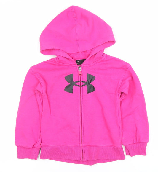 Under Armour Girls Pink Full Zip Hoodie 3-4 Years Fleece Lined Logo