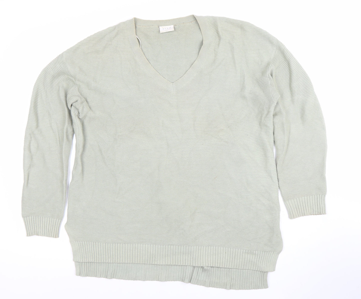 Vila Women Green Cotton V-Neck Long Sleeve Pullover Jumper L