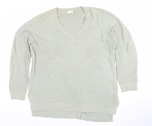 Vila Women Green Cotton V-Neck Long Sleeve Pullover Jumper L