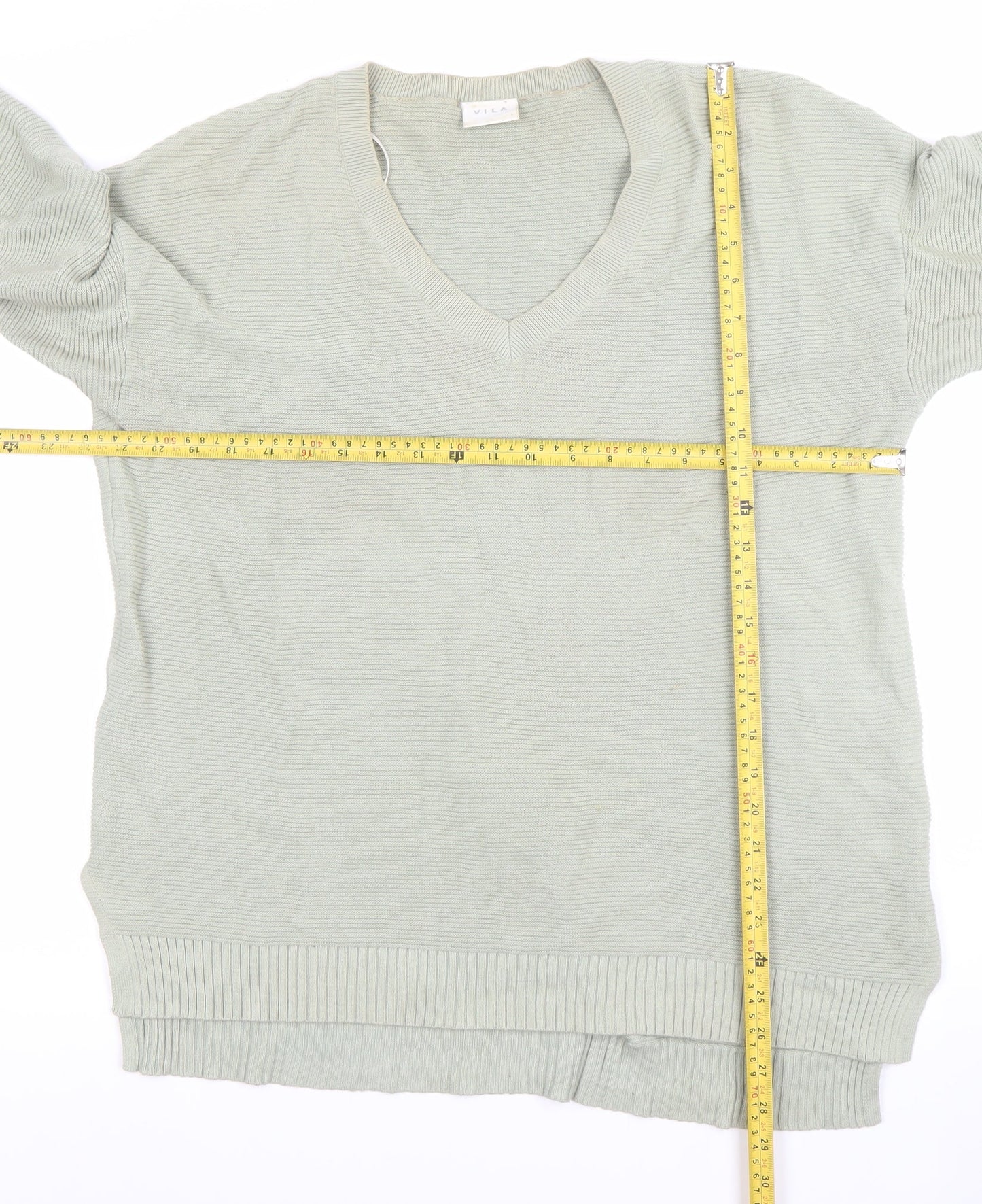 Vila Women Green Cotton V-Neck Long Sleeve Pullover Jumper L