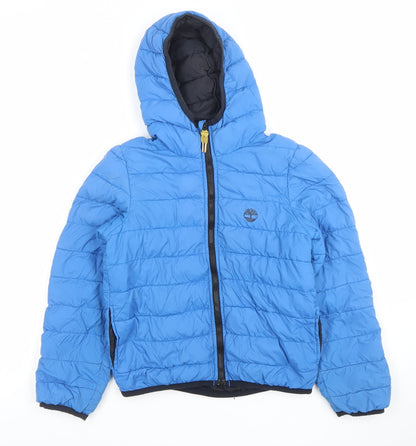 Timberland Boys Blue Hooded Puffer Jacket Size 7-8 Years Full Zip Lined