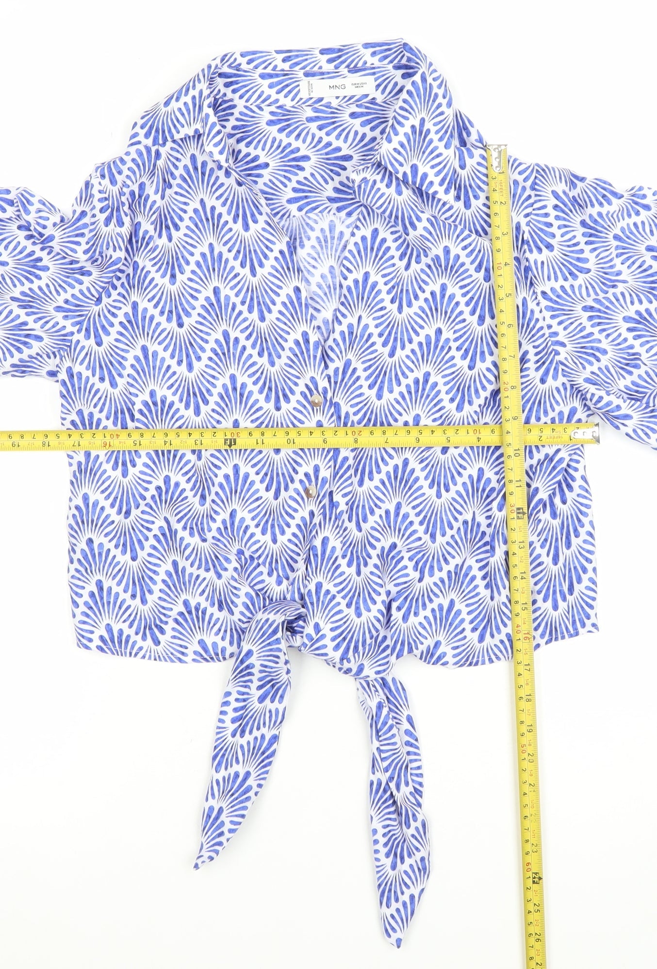 MNG Women's Blue Geometric Cropped Tie Blouse Size 10