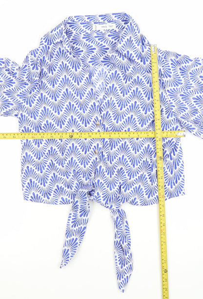 MNG Women's Blue Geometric Cropped Tie Blouse Size 10
