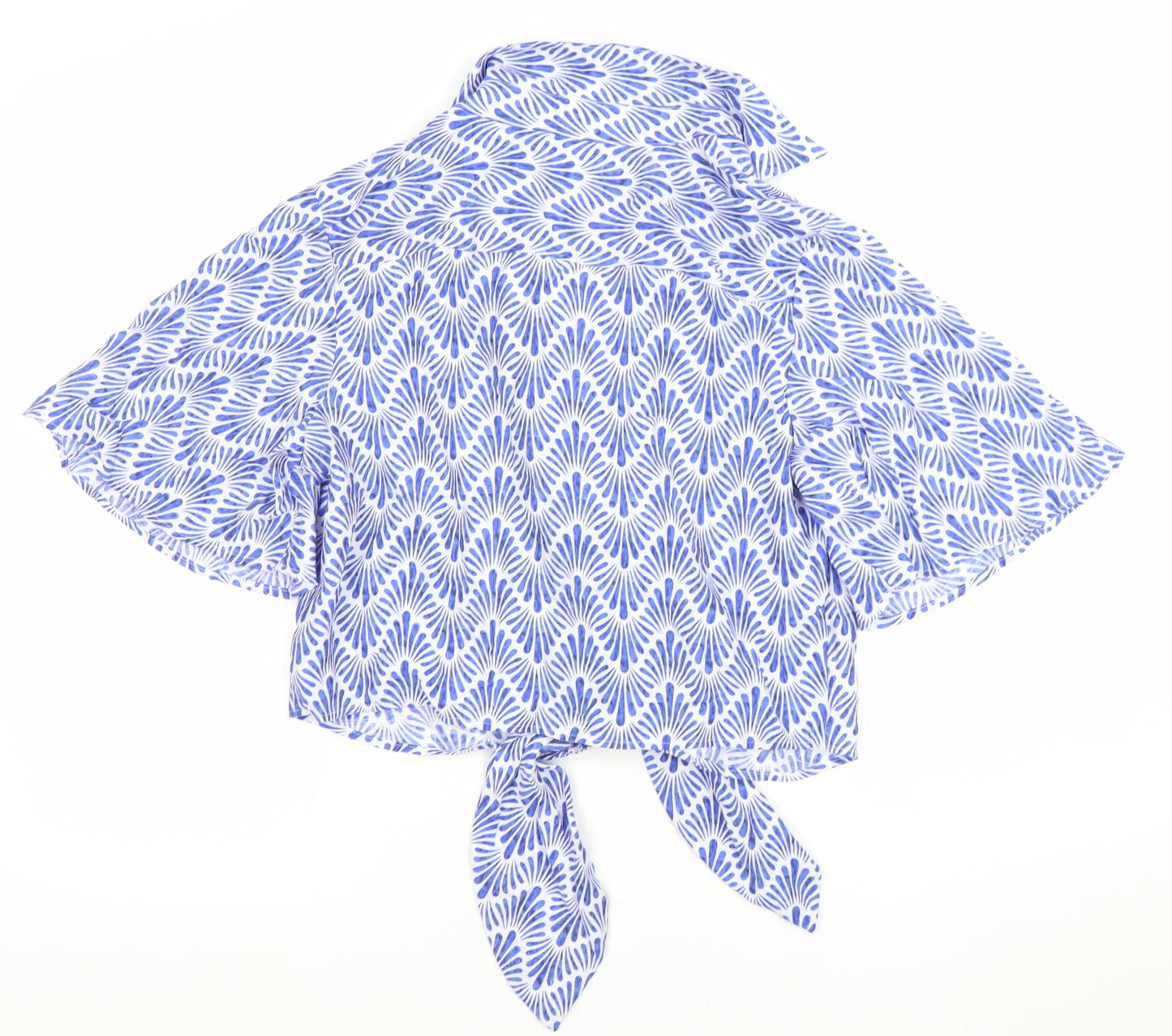 MNG Women's Blue Geometric Cropped Tie Blouse Size 10