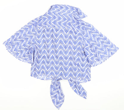 MNG Women's Blue Geometric Cropped Tie Blouse Size 10