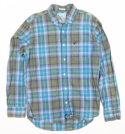 American Eagle Outfitters Men's Blue Plaid Athletic Fit Cotton Long Sleeve Button-Up Shirt M