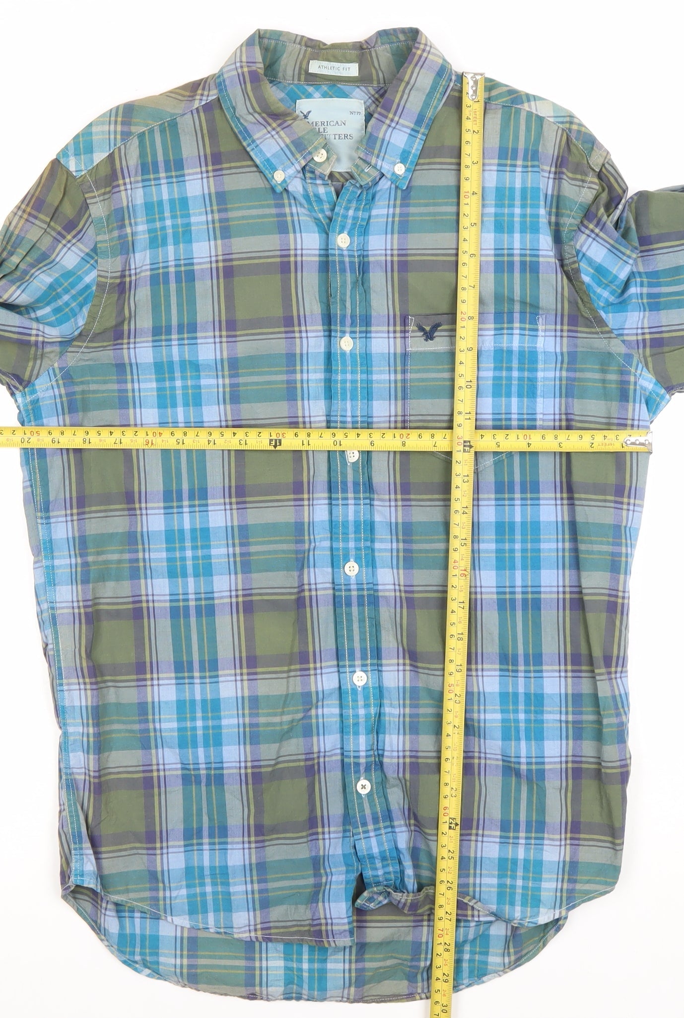 American Eagle Outfitters Men's Blue Plaid Athletic Fit Cotton Long Sleeve Button-Up Shirt M