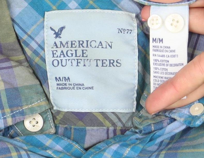 American Eagle Outfitters Men's Blue Plaid Athletic Fit Cotton Long Sleeve Button-Up Shirt M