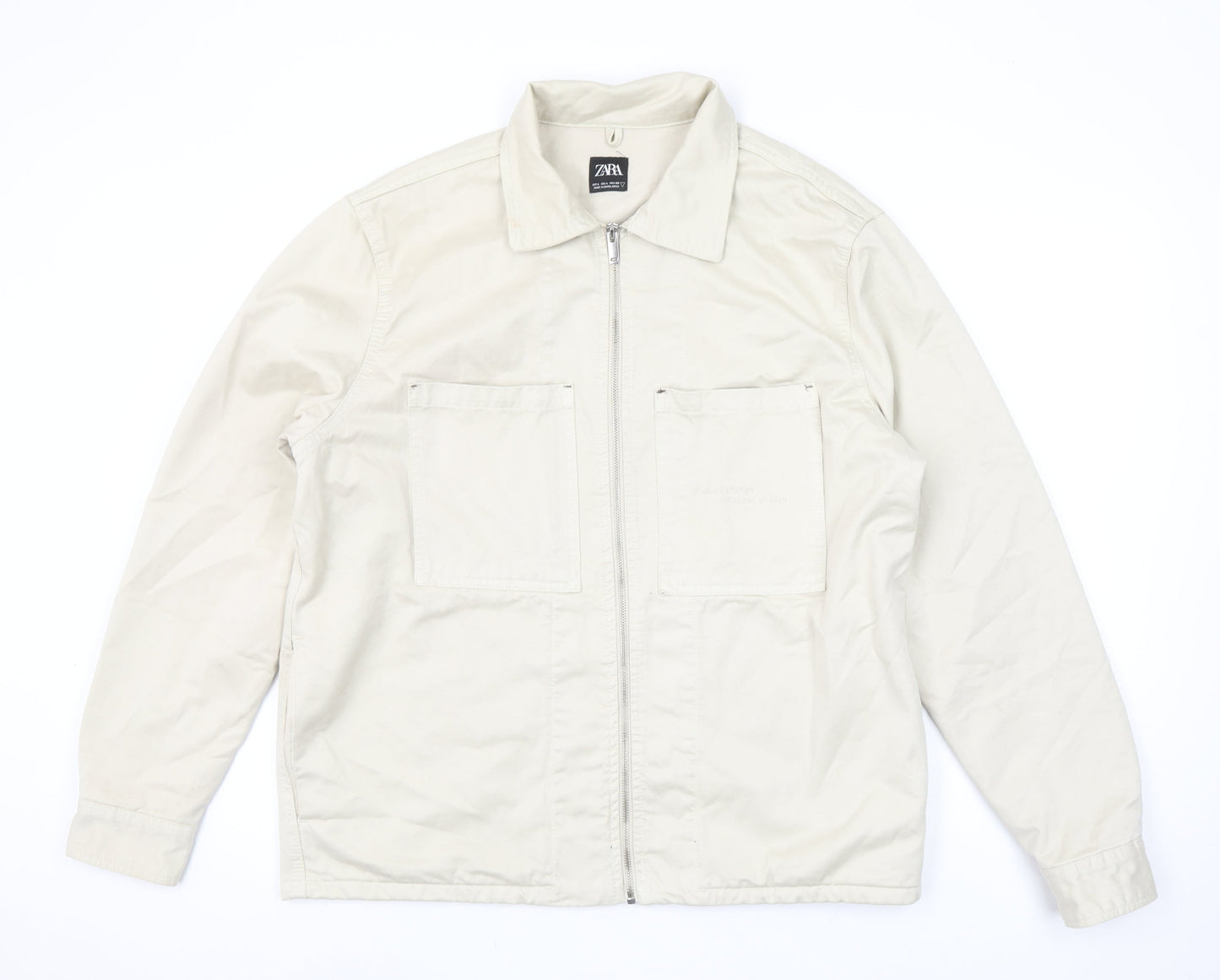 Zara Womens Beige Cotton Zip Jacket L Long Sleeve Casual Lightweight