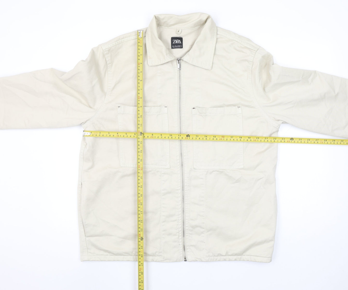 Zara Womens Beige Cotton Zip Jacket L Long Sleeve Casual Lightweight