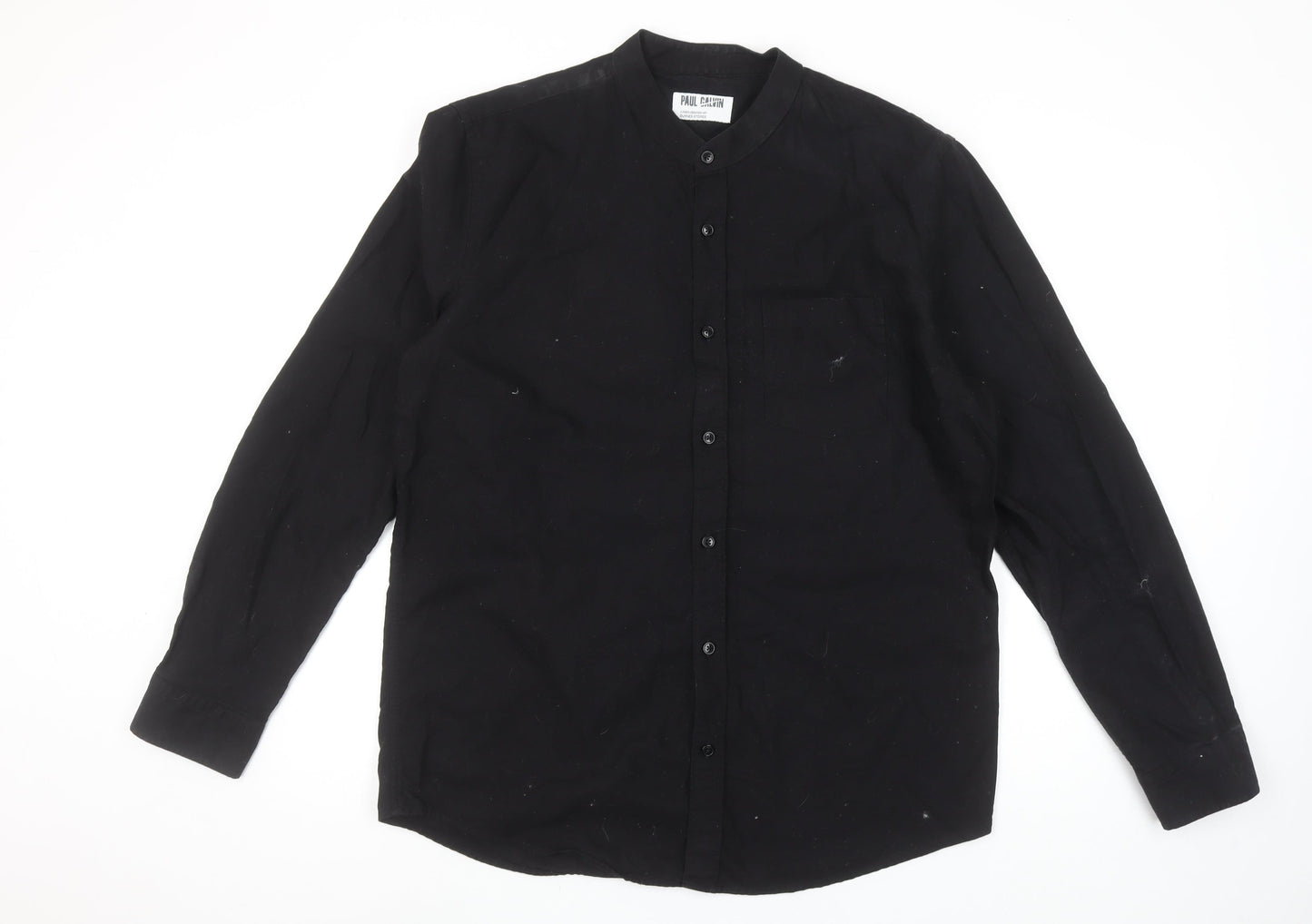 Paul Galvin Men’s Black Cotton Band Collar Long Sleeve Casual Shirt L